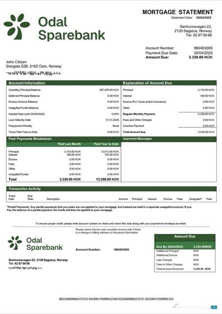 Download Norway Odal Sparebank mortgage statement Word and PDF template Photoshop template